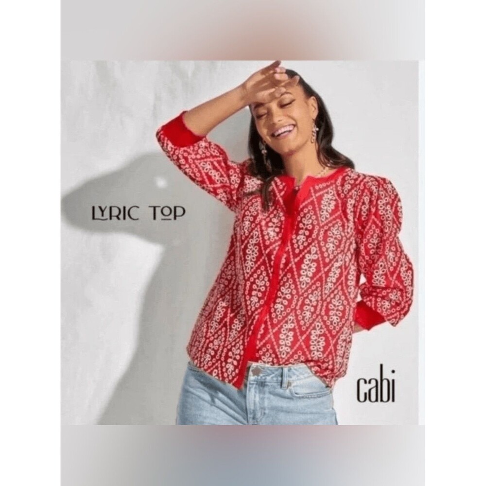 Cabi Lyric Top Red White Button-Down Blouse Eyelet Floral Embroidery Sz XS